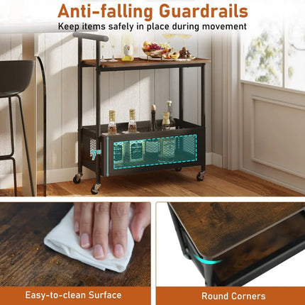 2-Tier Rolling End Table with Handle and Mesh Basket-Rustic Brown Costway