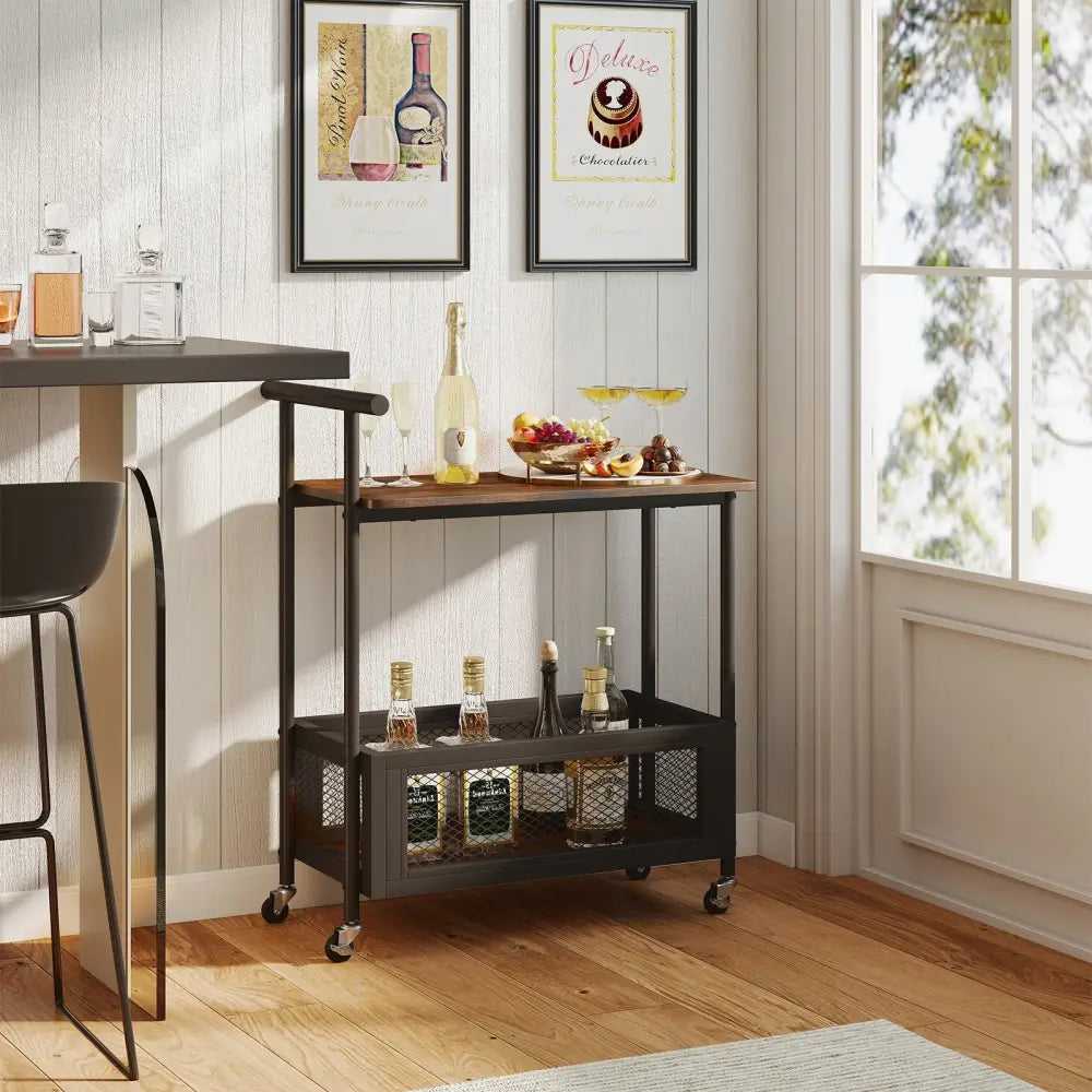 2-Tier Rolling End Table with Handle and Mesh Basket-Rustic Brown Costway