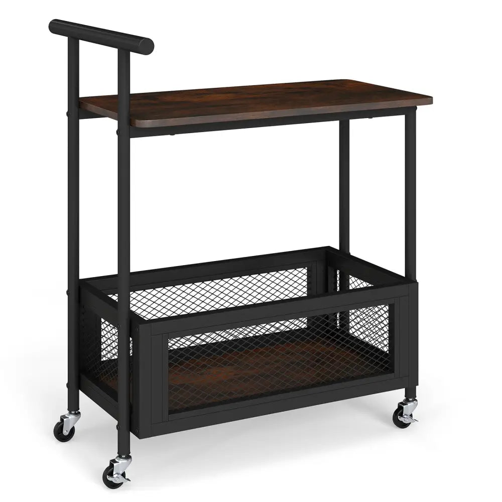 2-Tier Rolling End Table with Handle and Mesh Basket-Rustic Brown - Rustic Brown - End & Side Tables