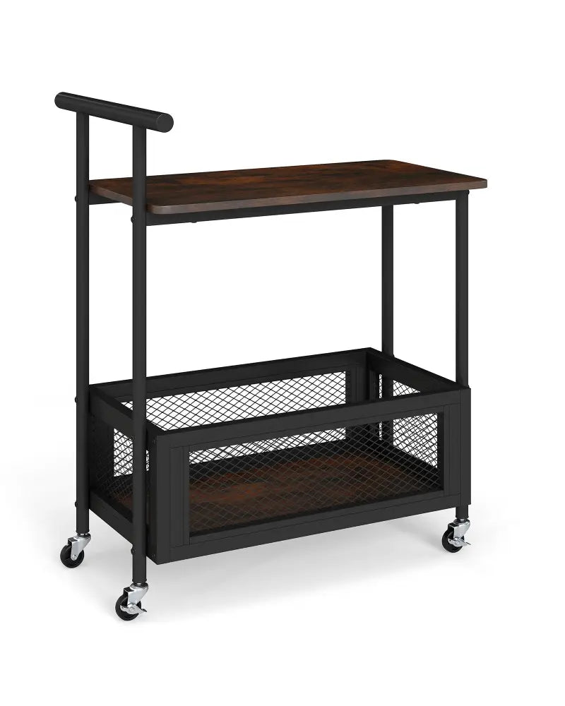2-Tier Rolling End Table with Handle and Mesh Basket-Rustic Brown - Rustic Brown - End & Side Tables