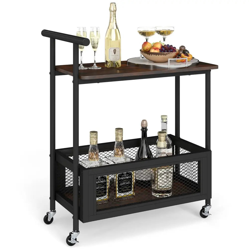 2-Tier Rolling End Table with Handle and Mesh Basket-Rustic Brown Costway
