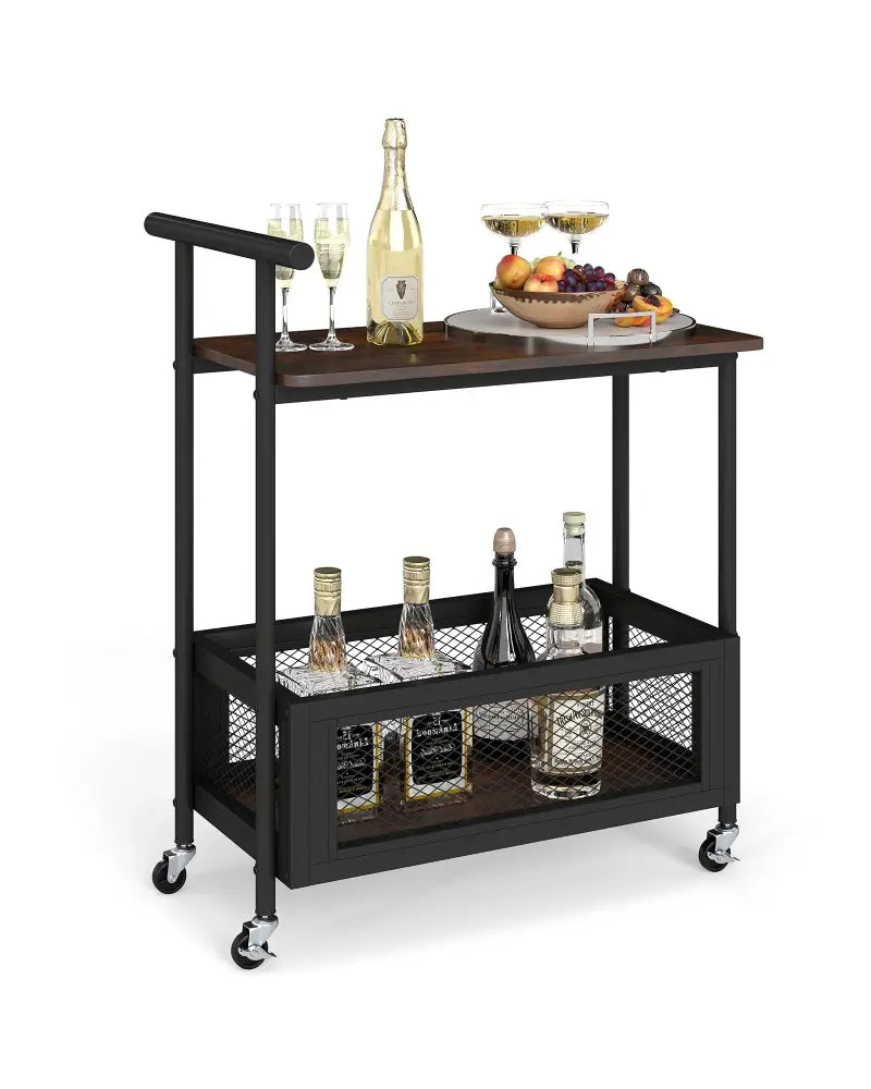 2-Tier Rolling End Table with Handle and Mesh Basket-Rustic Brown - Rustic Brown - End & Side Tables