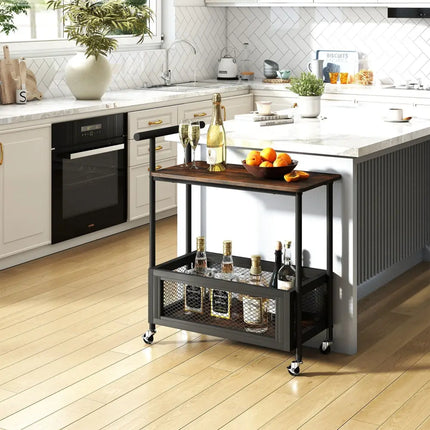 2-Tier Rolling End Table with Handle and Mesh Basket-Rustic Brown Costway