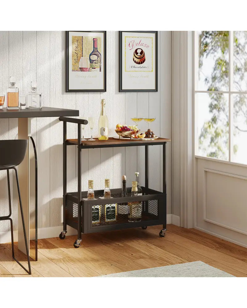 2-Tier Rolling End Table with Handle and Mesh Basket-Rustic Brown - Rustic Brown - End & Side Tables