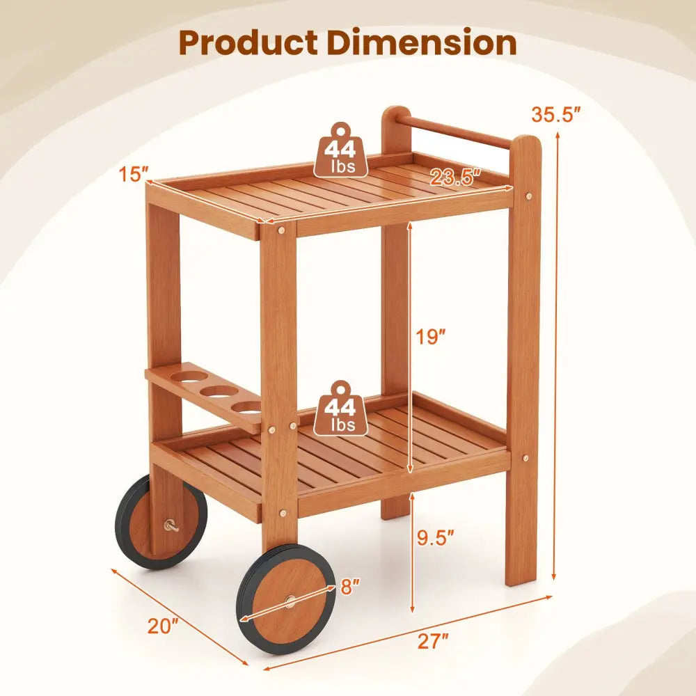 2 Tier Rolling Serving Cart with Wine Bottle Holders and 2 Rubber Wheels Costway