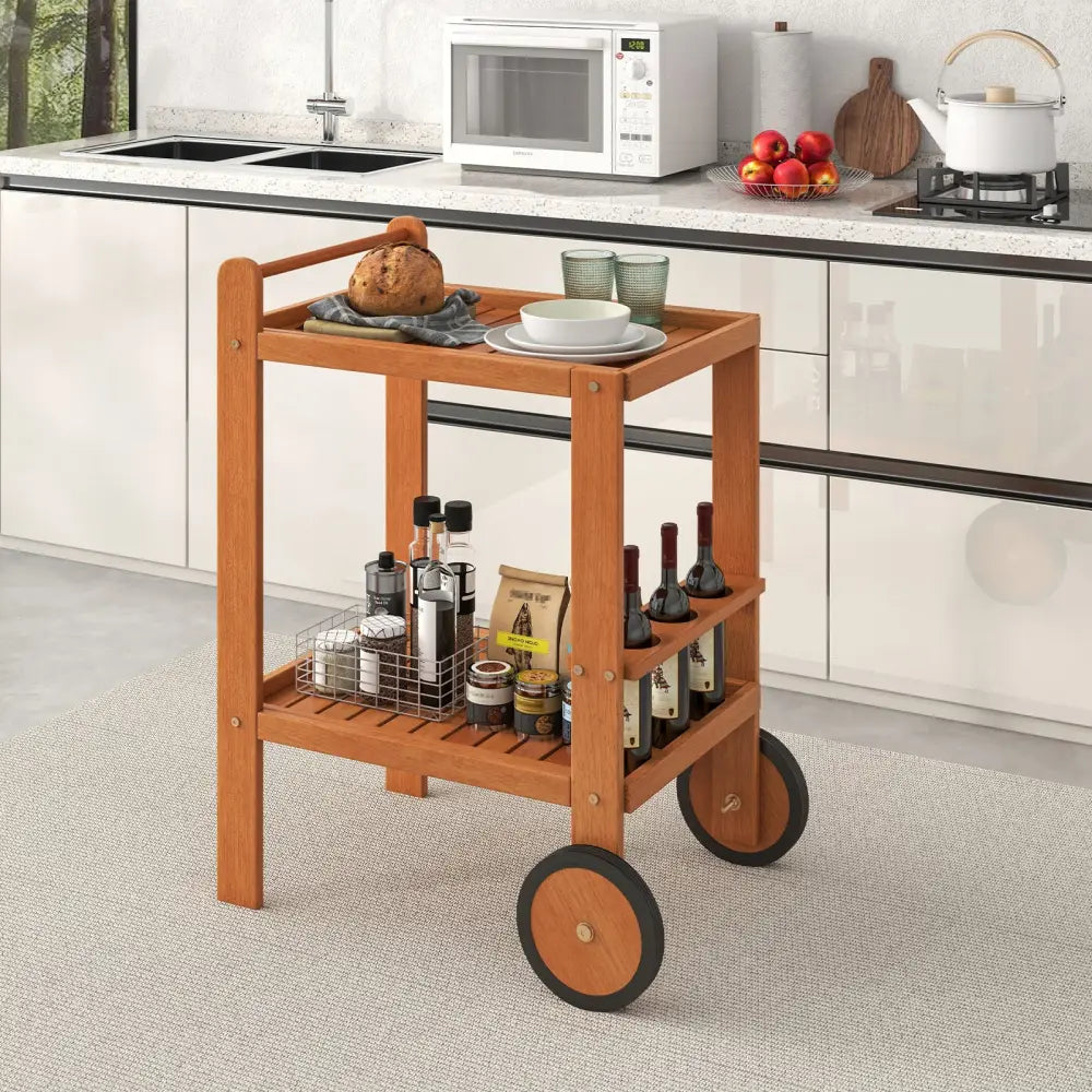 2 Tier Rolling Serving Cart with Wine Bottle Holders and 2 Rubber Wheels - Brown - Kitchen Islands & Carts