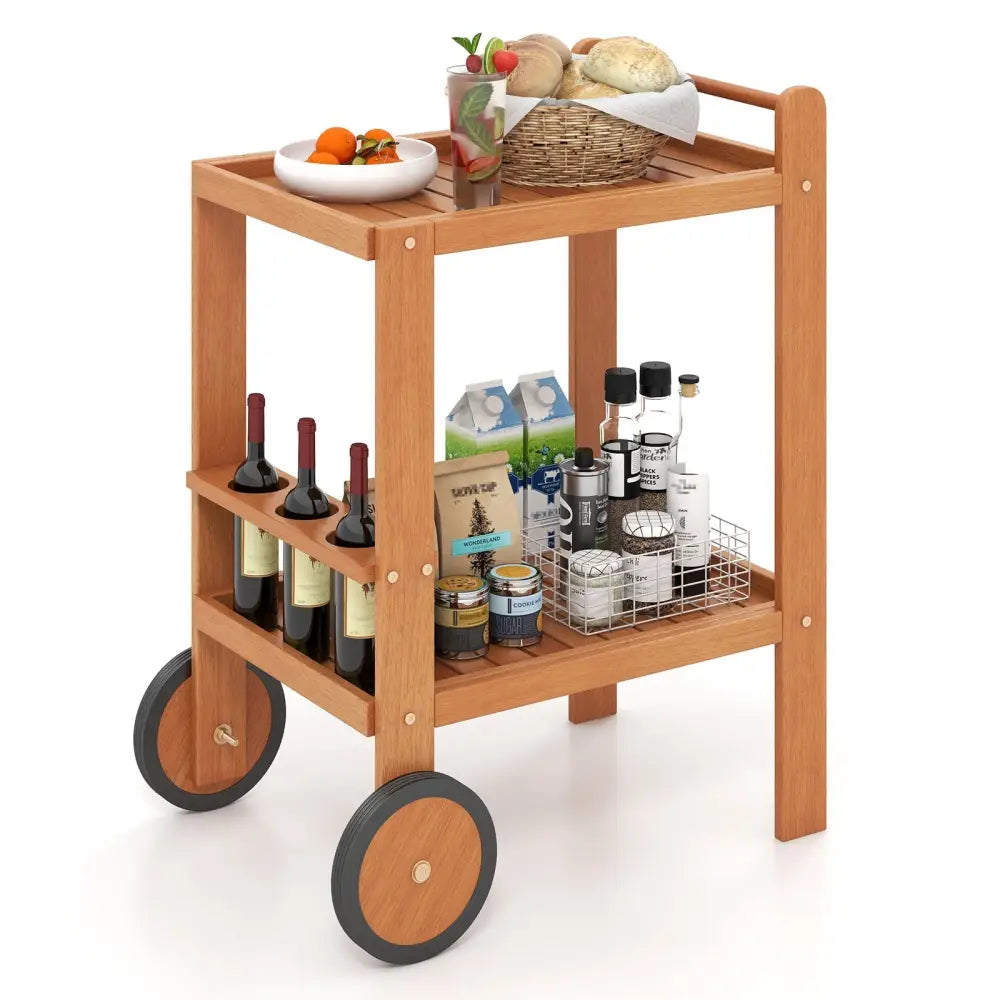 2 Tier Rolling Serving Cart with Wine Bottle Holders and 2 Rubber Wheels Costway