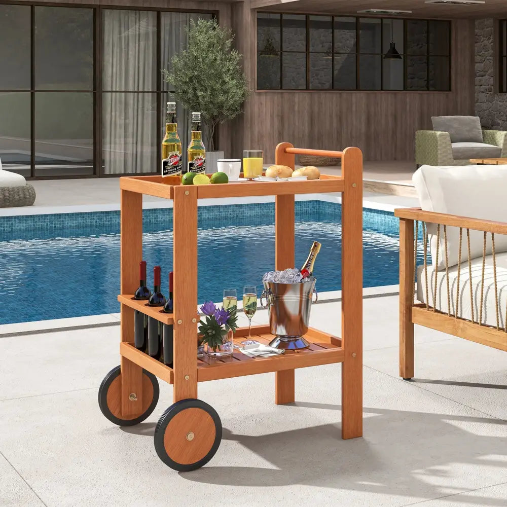 2 Tier Rolling Serving Cart with Wine Bottle Holders and 2 Rubber Wheels Costway