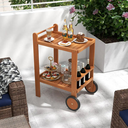 2 Tier Rolling Serving Cart with Wine Bottle Holders and 2 Rubber Wheels Costway