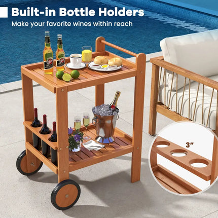 2 Tier Rolling Serving Cart with Wine Bottle Holders and 2 Rubber Wheels Costway
