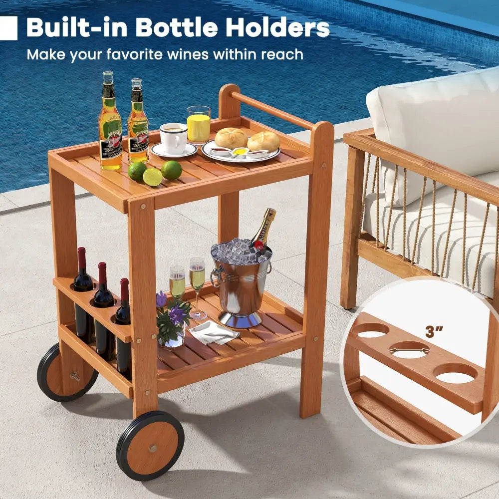 2 Tier Rolling Serving Cart with Wine Bottle Holders and 2 Rubber Wheels Costway