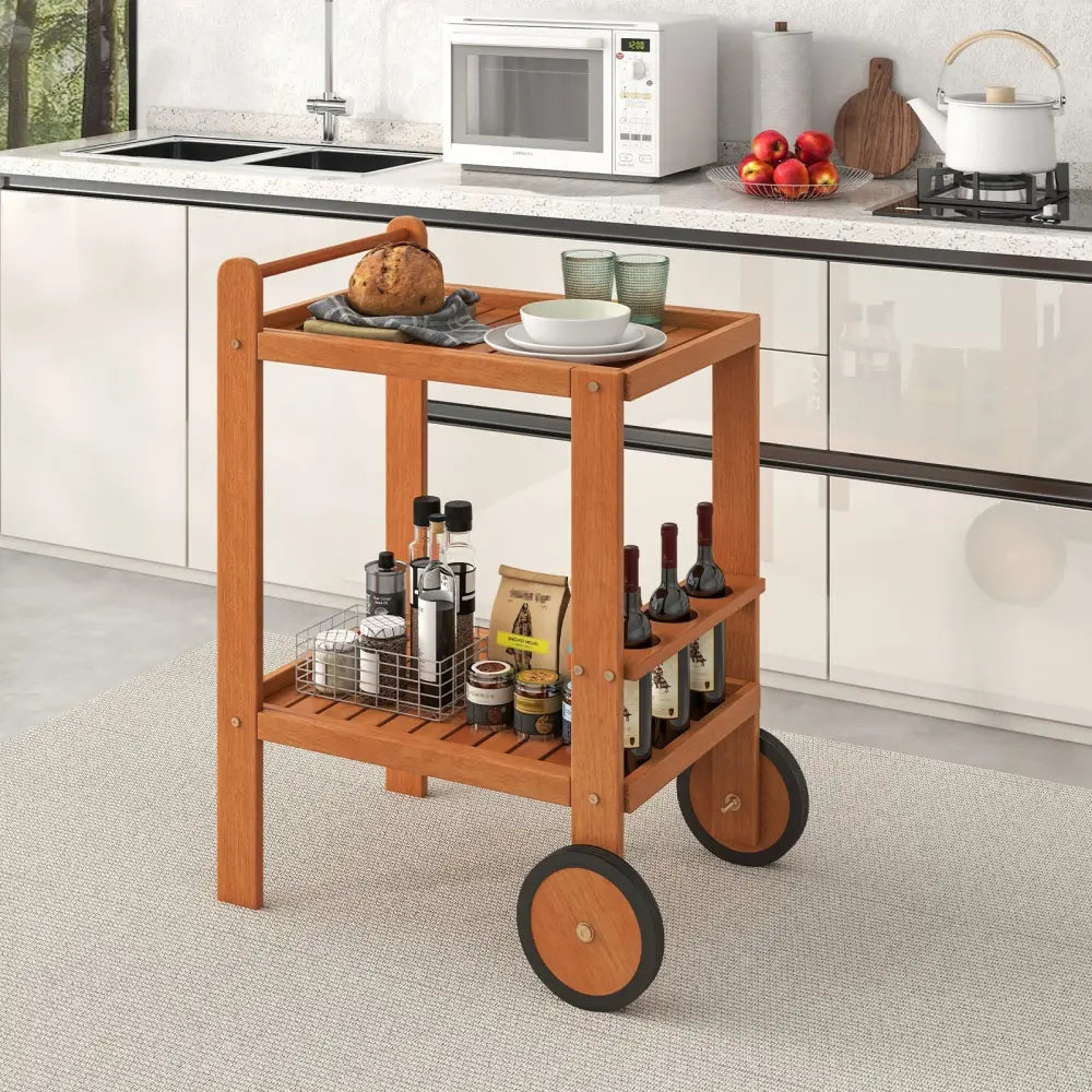 2 Tier Rolling Serving Cart with Wine Bottle Holders and 2 Rubber Wheels Costway