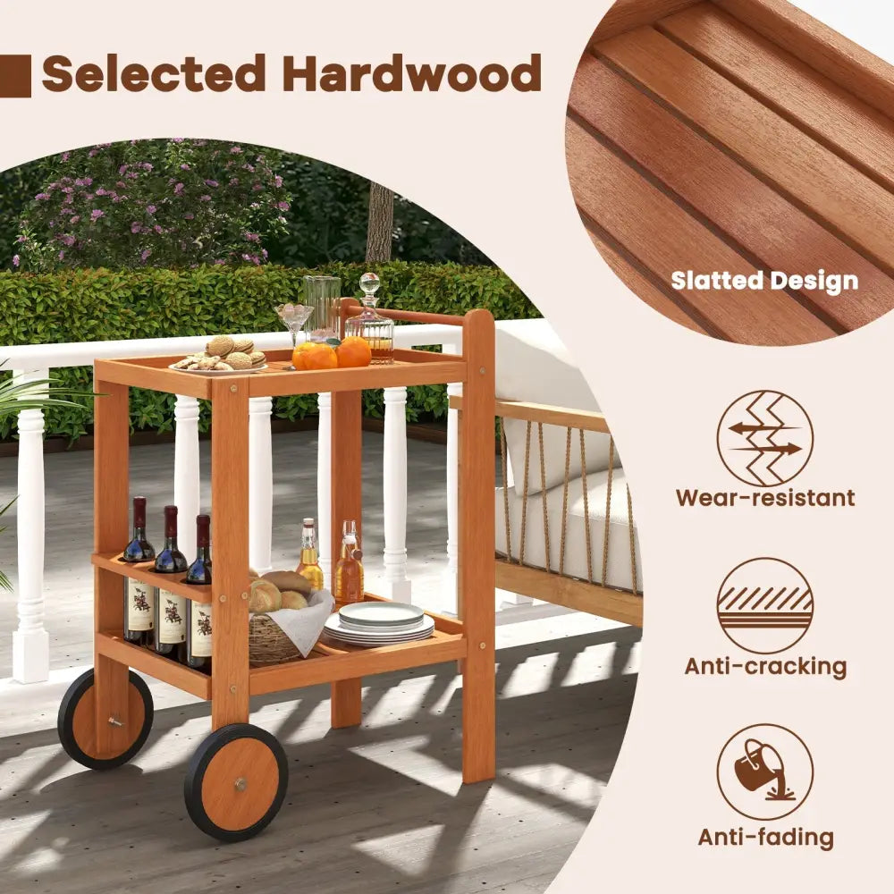 2 Tier Rolling Serving Cart with Wine Bottle Holders and 2 Rubber Wheels Costway