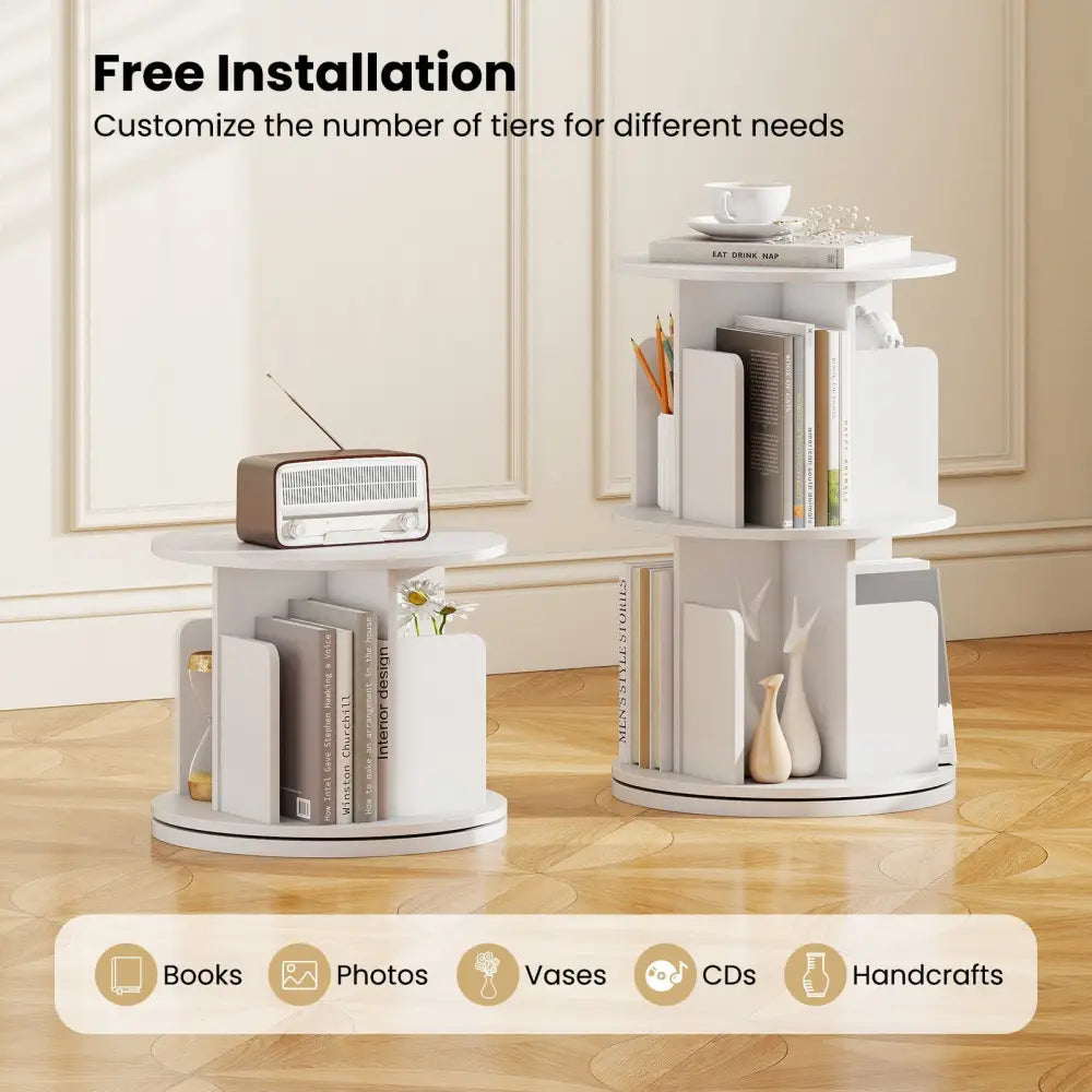 2-Tier Rotating Bookshelf with Dividers and Anti-falling Baffles-White Costway