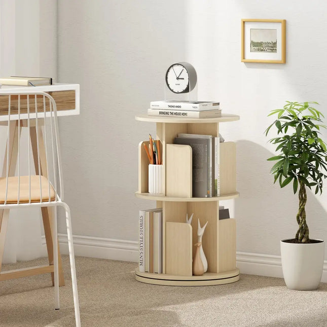 2-Tier Rotating Bookshelf with Dividers and Anti-falling Baffles-Natural Costway
