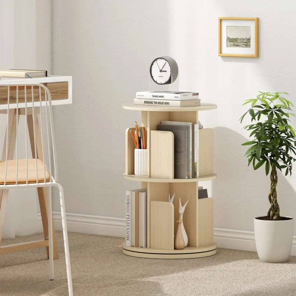 2-Tier Rotating Bookshelf with Dividers and Anti-falling Baffles-Natural Costway