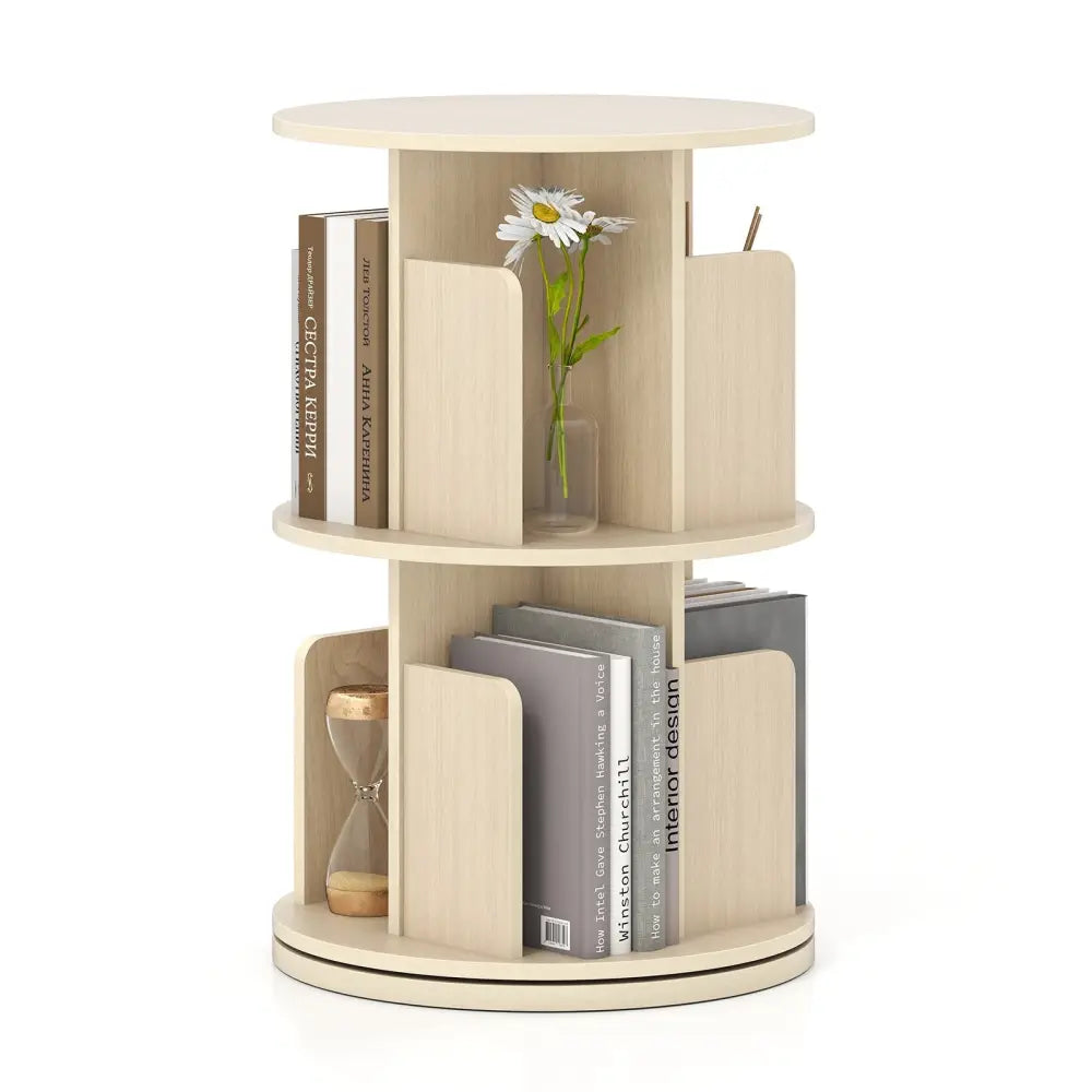 2-Tier Rotating Bookshelf with Dividers and Anti-falling Baffles-Natural Costway