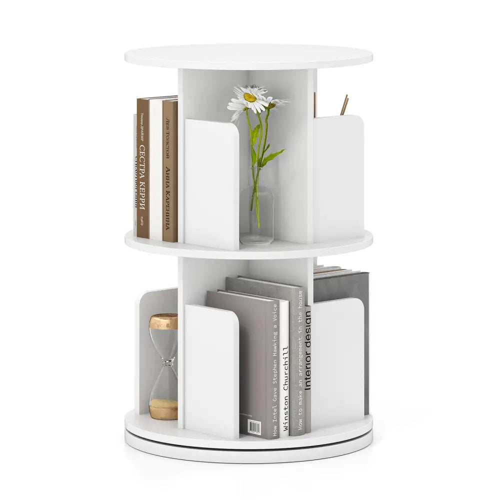 2-Tier Rotating Bookshelf with Dividers and Anti-falling Baffles-White Costway