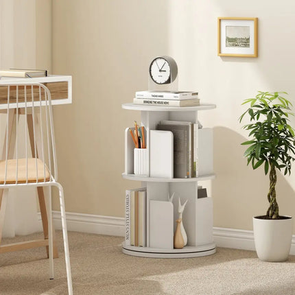 2-Tier Rotating Bookshelf with Dividers and Anti-falling Baffles-White Costway