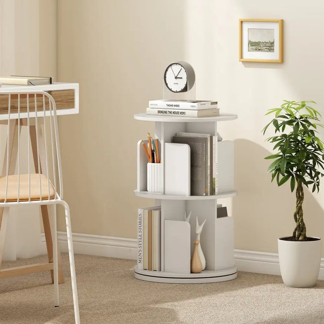 2-Tier Rotating Bookshelf with Dividers and Anti-falling Baffles-White Costway