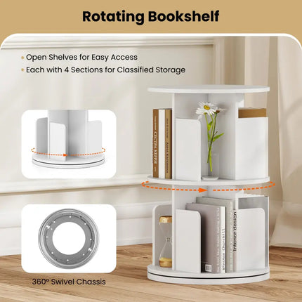 2-Tier Rotating Bookshelf with Dividers and Anti-falling Baffles-White Costway