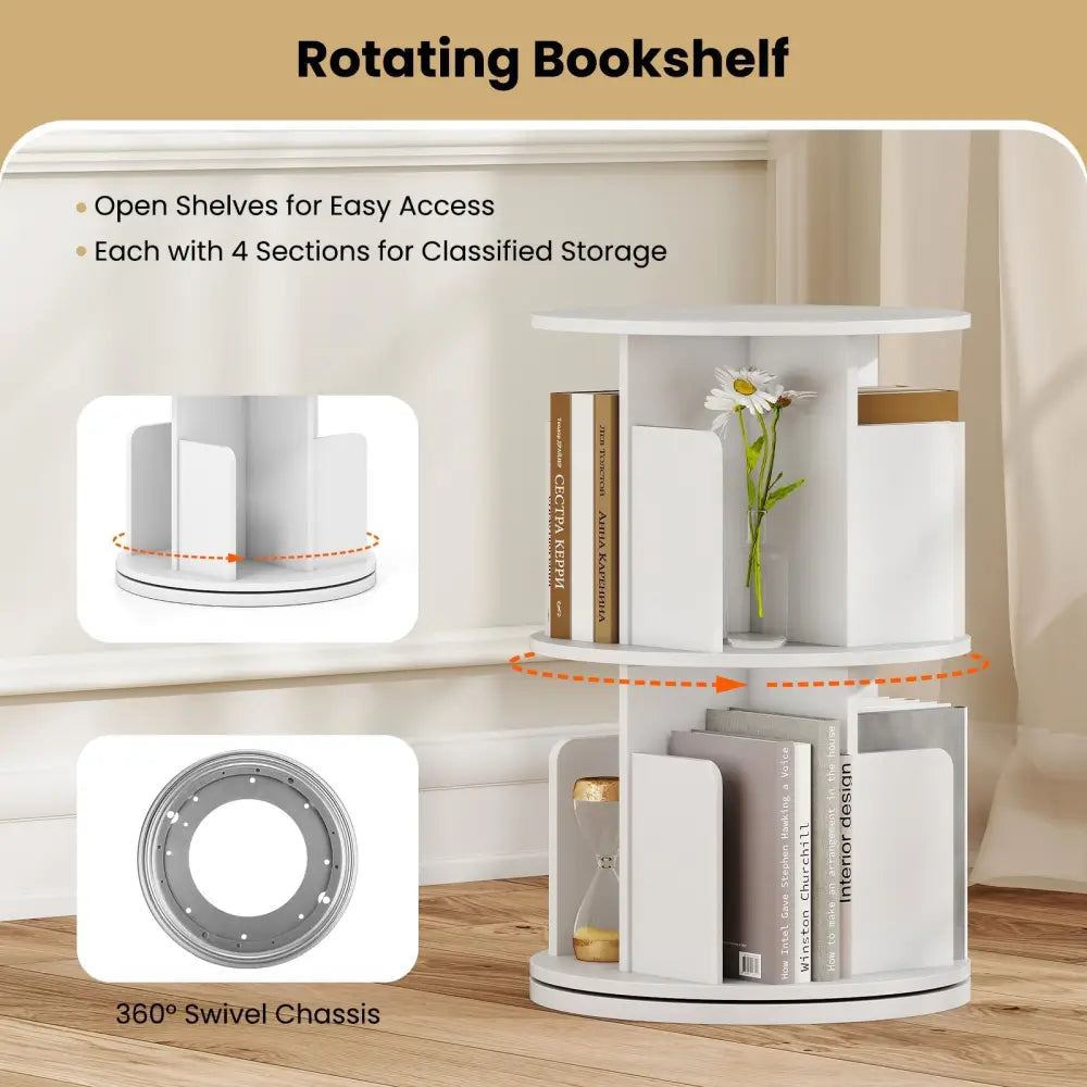 2-Tier Rotating Bookshelf with Dividers and Anti-falling Baffles-White Costway