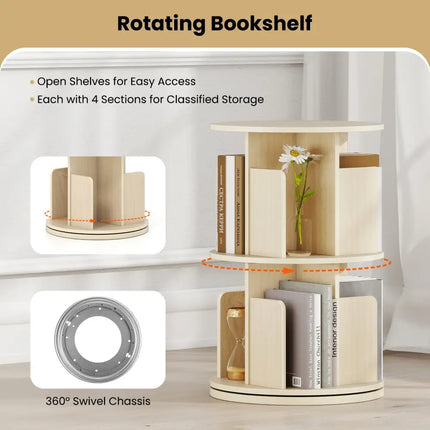 2-Tier Rotating Bookshelf with Dividers and Anti-falling Baffles-Natural Costway