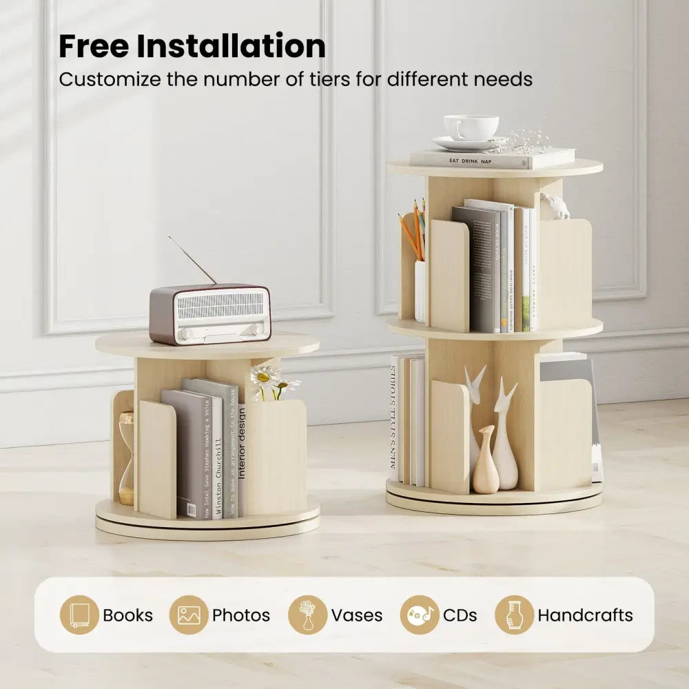 2-Tier Rotating Bookshelf with Dividers and Anti-falling Baffles-Natural Costway