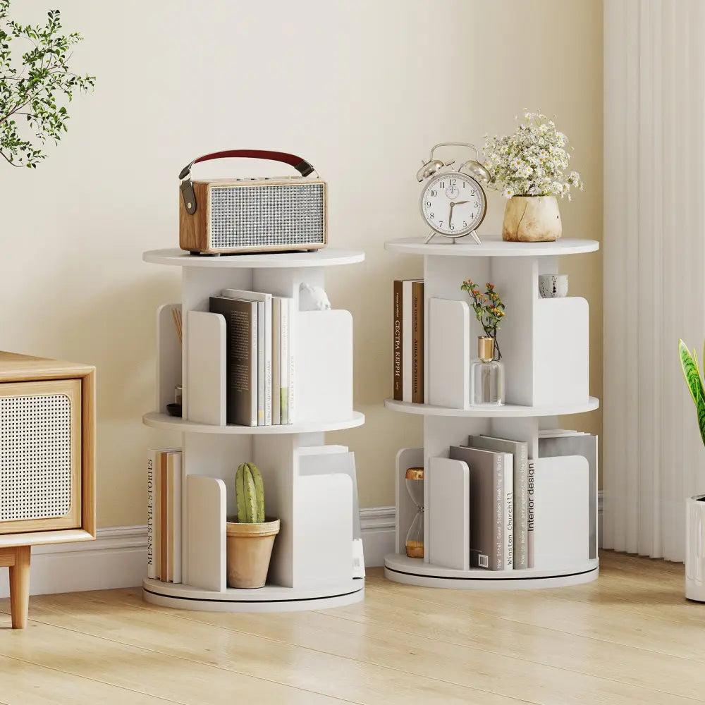 2-Tier Rotating Bookshelf with Dividers and Anti-falling Baffles-White - White - Bookcases
