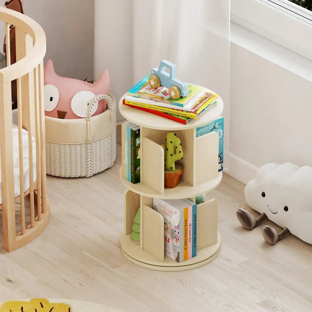 2-Tier Rotating Bookshelf with Dividers and Anti-falling Baffles-Natural Costway