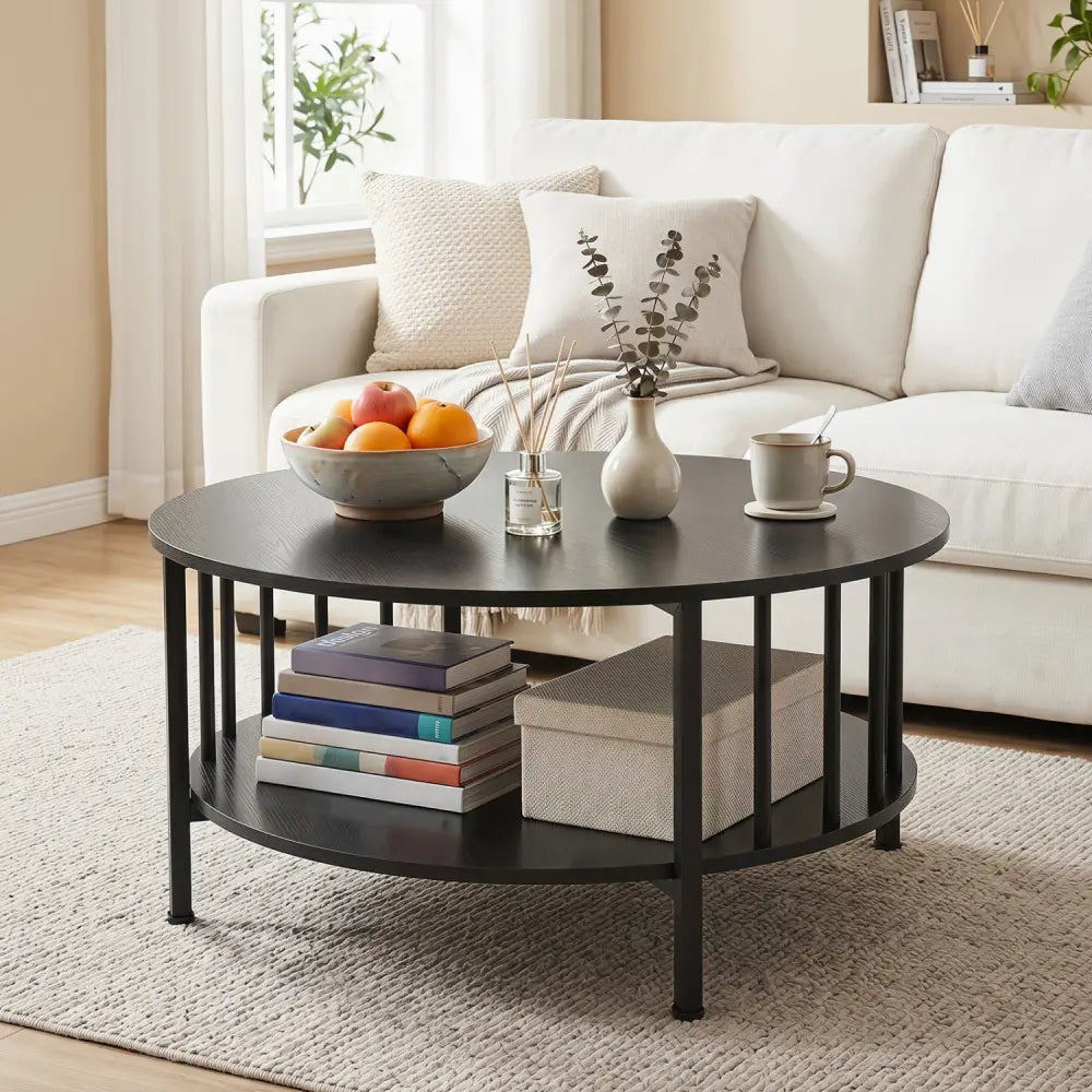 2-Tier Round Coffee Table with Storage Shelf and Metal Accents in Black Walnut-Black - Black - Coffee Tables