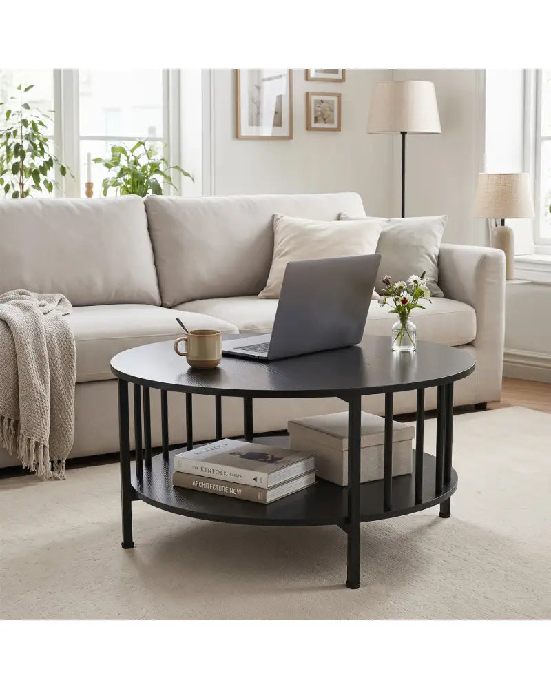2-Tier Round Coffee Table with Storage Shelf and Metal Accents in Black Walnut-Black - Black - Coffee Tables