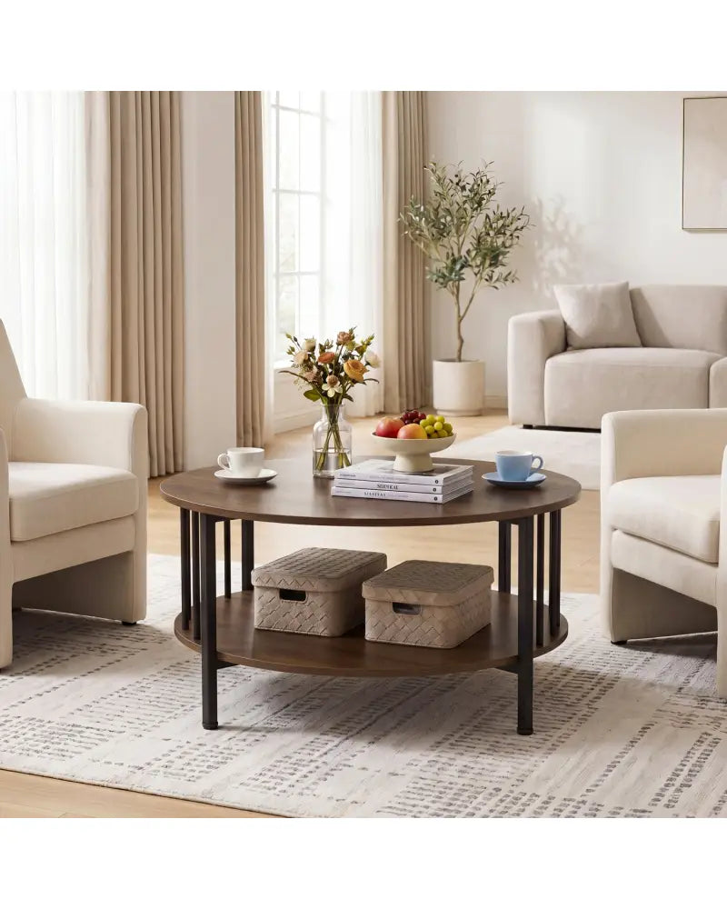 2-Tier Round Coffee Table with Storage Shelf and Metal Accents in Black Walnut-Walnut - Walnut - Coffee Tables