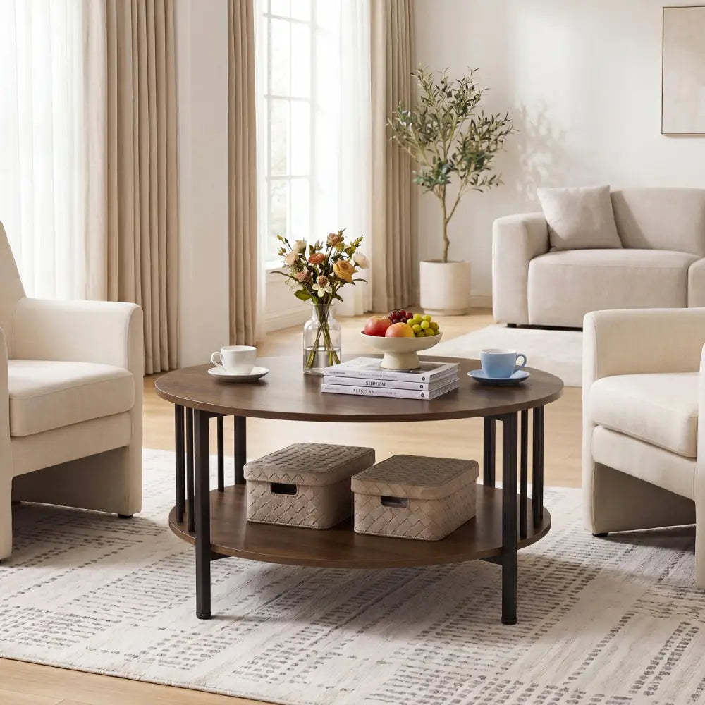 2-Tier Round Coffee Table with Storage Shelf and Metal Accents in Black Walnut-Walnut - Walnut - Coffee Tables