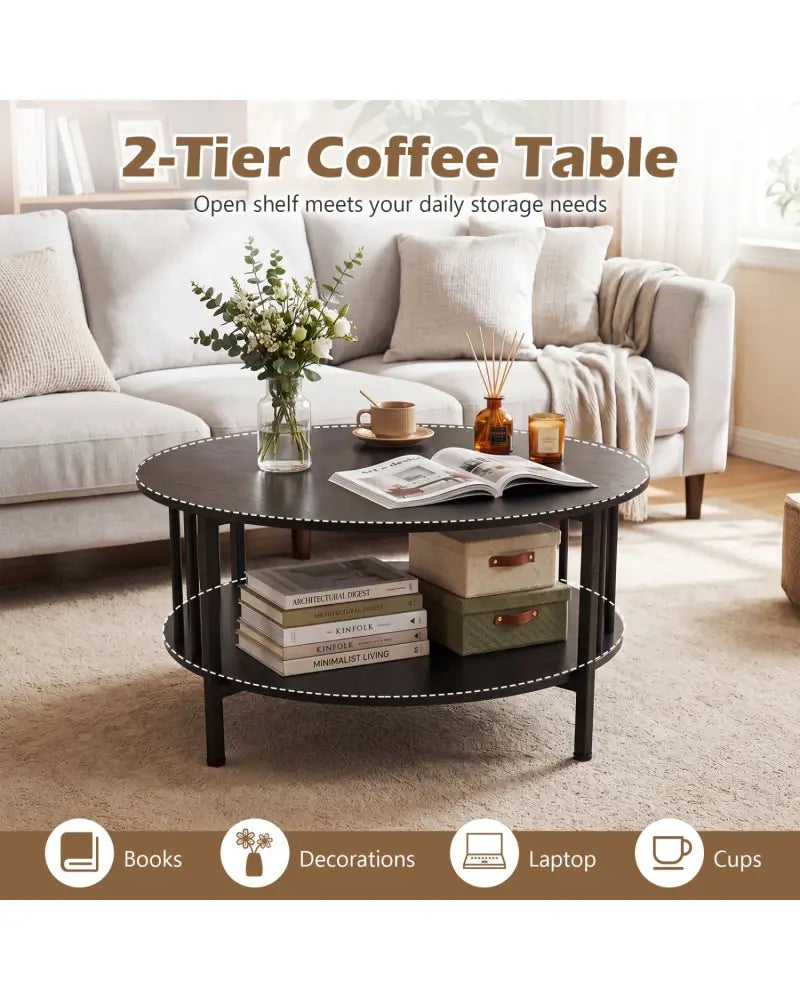 2-Tier Round Coffee Table with Storage Shelf and Metal Accents in Black Walnut-Black - Black - Coffee Tables
