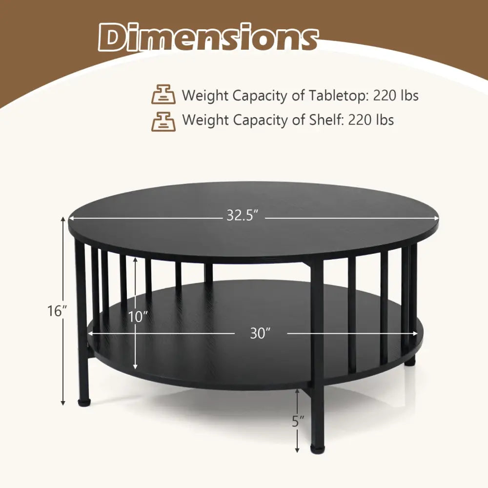 2-Tier Round Coffee Table with Storage Shelf and Metal Accents in Black Walnut-Black - Black - Coffee Tables