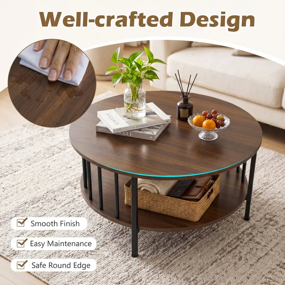 2-Tier Round Coffee Table with Storage Shelf and Metal Accents in Black Walnut-Walnut - Walnut - Coffee Tables