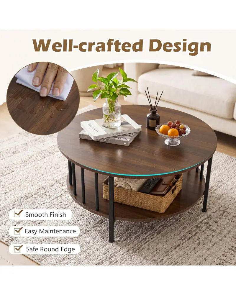 2-Tier Round Coffee Table with Storage Shelf and Metal Accents in Black Walnut-Walnut - Walnut - Coffee Tables