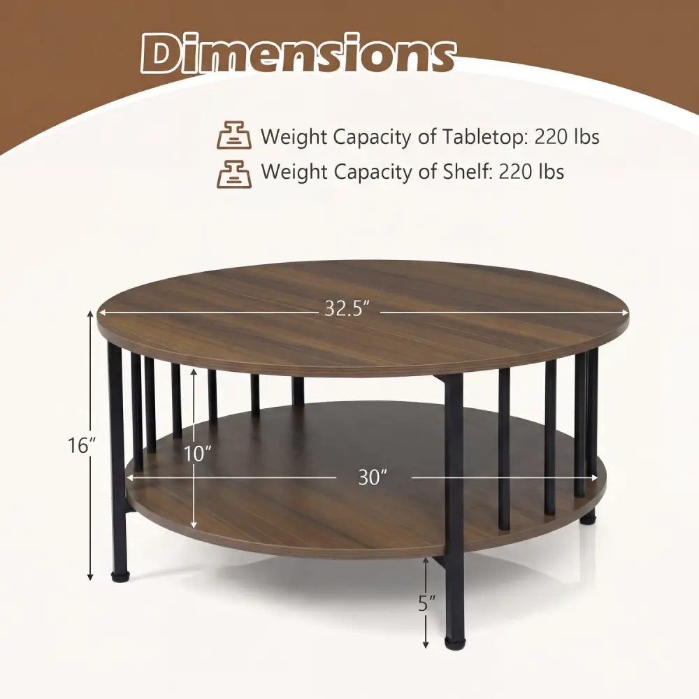 2-Tier Round Coffee Table with Storage Shelf and Metal Accents in Black Walnut-Walnut - Walnut - Coffee Tables
