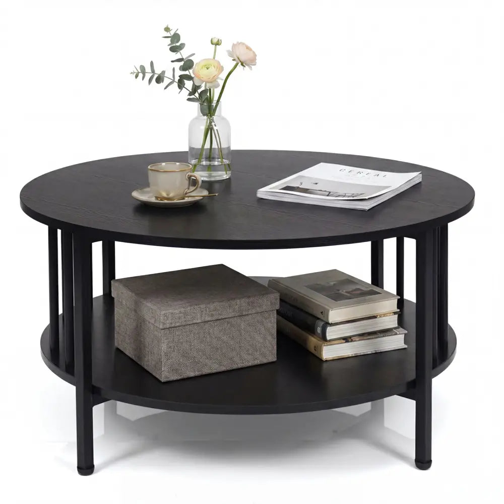 2-Tier Round Coffee Table with Storage Shelf and Metal Accents in Black Walnut-Black - Black - Coffee Tables