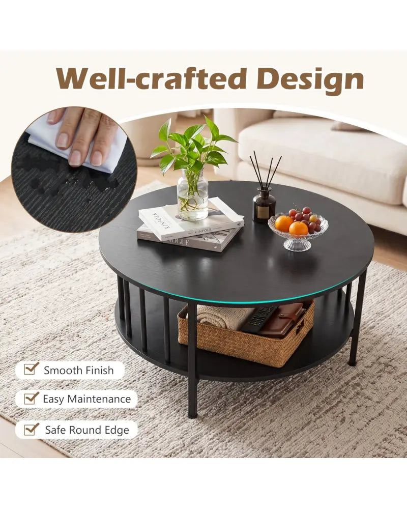 2-Tier Round Coffee Table with Storage Shelf and Metal Accents in Black Walnut-Black - Black - Coffee Tables