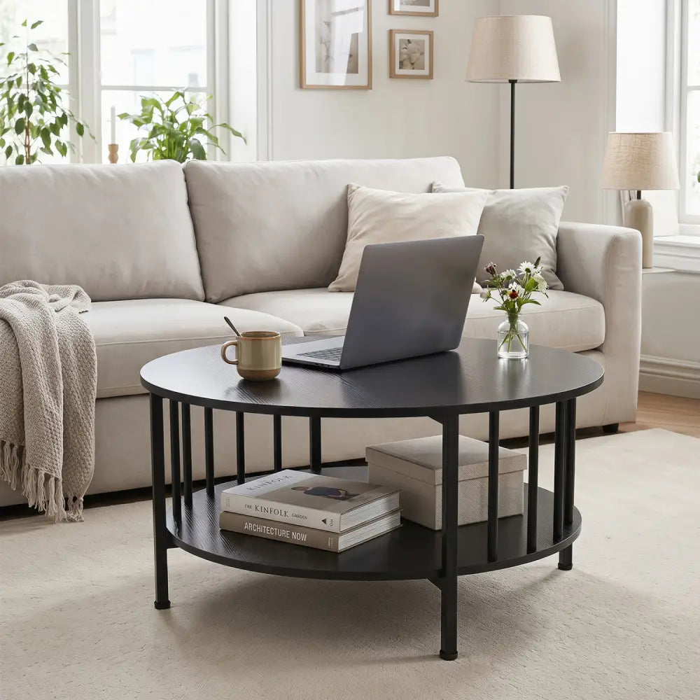 2-Tier Round Coffee Table with Storage Shelf and Metal Accents in Black Walnut-Black - Black - Coffee Tables