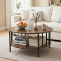 2-Tier Round Coffee Table with Storage Shelf and Metal Accents in Black Walnut-Walnut - Walnut - Coffee Tables