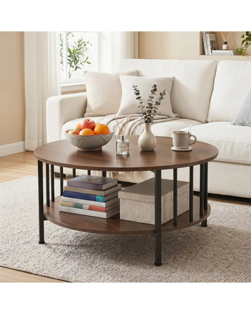2-Tier Round Coffee Table with Storage Shelf and Metal Accents in Black Walnut-Walnut - Walnut - Coffee Tables