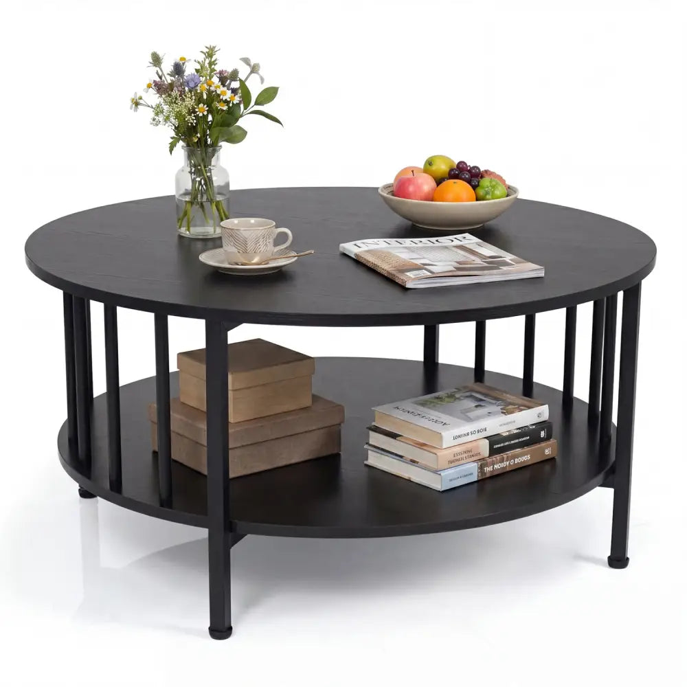 2-Tier Round Coffee Table with Storage Shelf and Metal Accents in Black Walnut-Black - Black - Coffee Tables