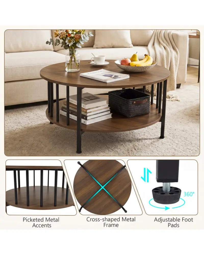 2-Tier Round Coffee Table with Storage Shelf and Metal Accents in Black Walnut-Walnut - Walnut - Coffee Tables