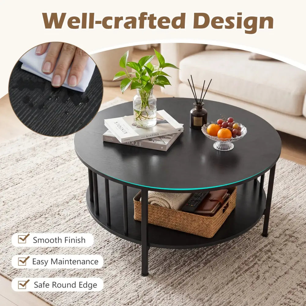 2-Tier Round Coffee Table with Storage Shelf and Metal Accents in Black Walnut-Black - Black - Coffee Tables