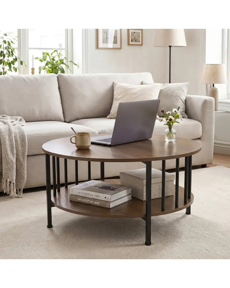 2-Tier Round Coffee Table with Storage Shelf and Metal Accents in Black Walnut-Walnut - Walnut - Coffee Tables