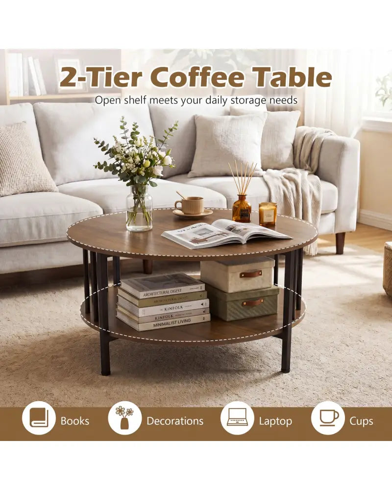 2-Tier Round Coffee Table with Storage Shelf and Metal Accents in Black Walnut-Walnut - Walnut - Coffee Tables