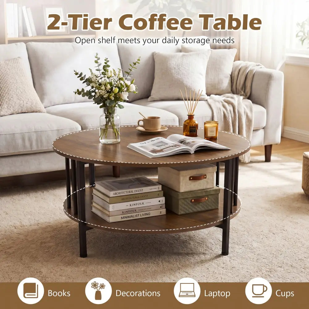 2-Tier Round Coffee Table with Storage Shelf and Metal Accents in Black Walnut-Walnut - Walnut - Coffee Tables